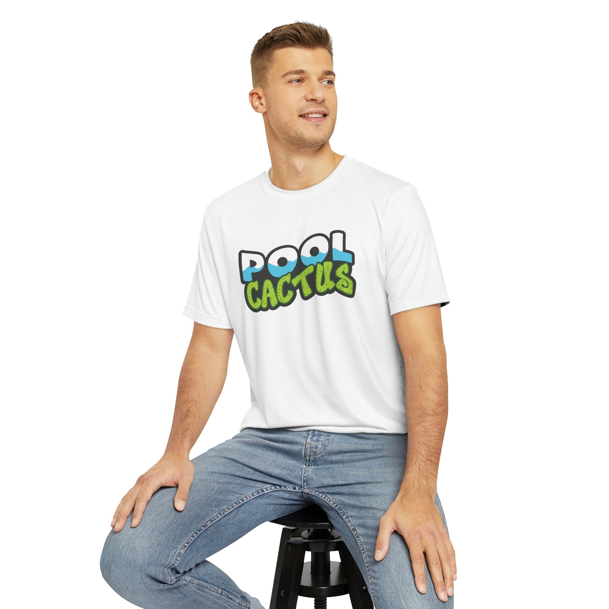 Men's Comfy Polyester Tee (AOP) with Pool Cactus Logo - Shrink and Fade-resistant - Pool Cactus