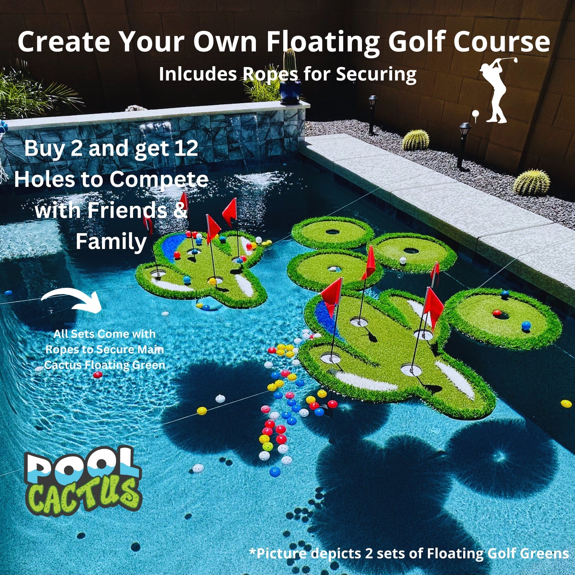 Pool Cactus Floating Golf Green Set with 60 Multi Colored Floating Golf Balls Perfect Gift Idea for Golfers - Pool Cactus