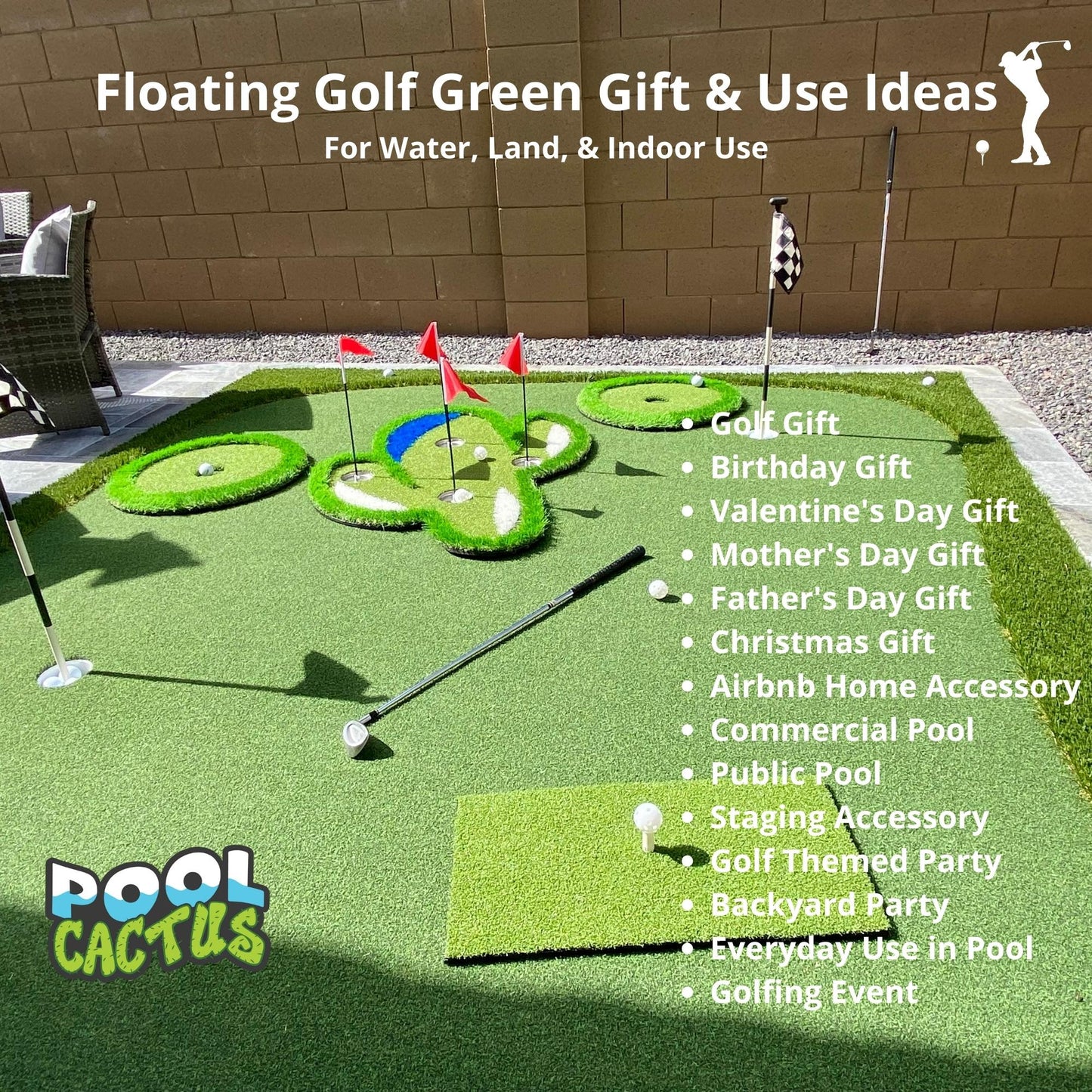 Pool Cactus Floating Golf Green Set with 60 Multi Colored Floating Golf Balls Perfect Gift Idea for Golfers - Pool Cactus