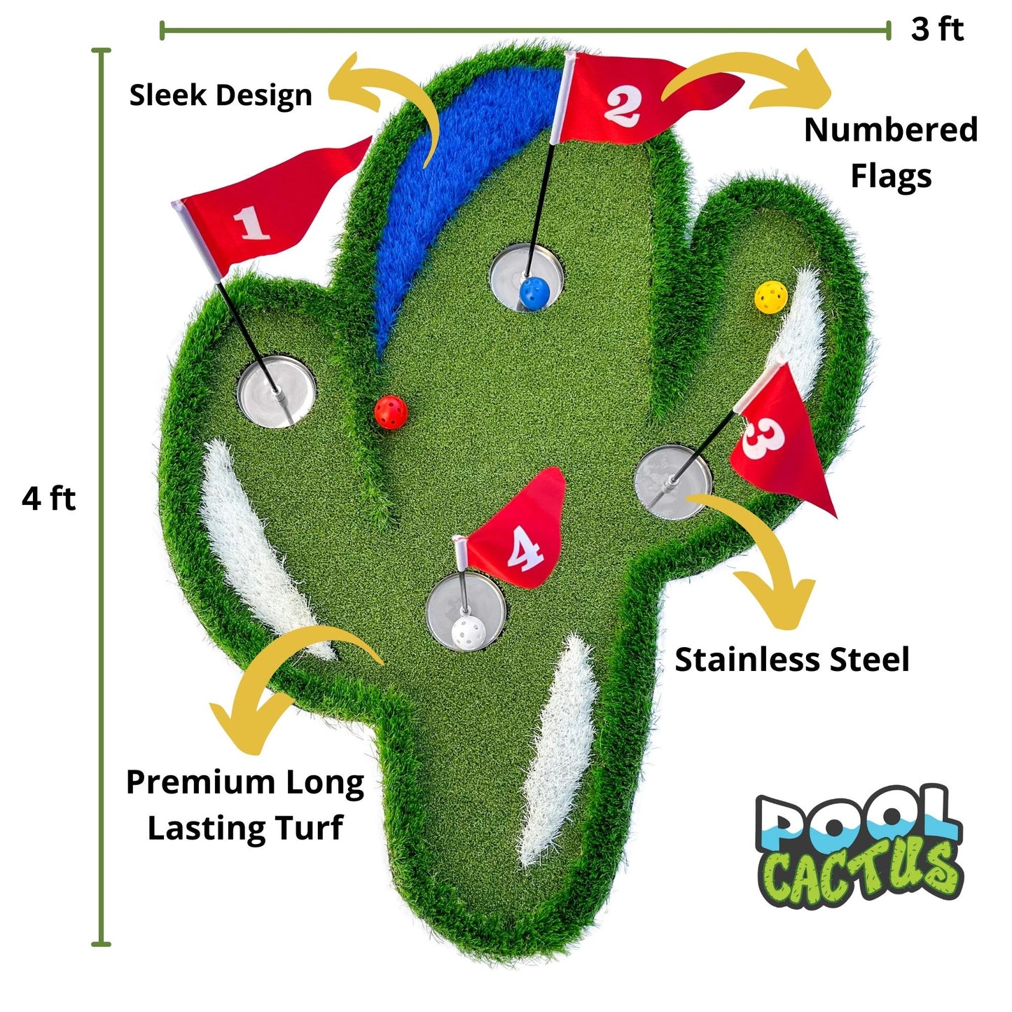 Pool Cactus Floating Golf Green Set with 60 Multi Colored Floating Golf Balls Perfect Gift Idea for Golfers - Pool Cactus